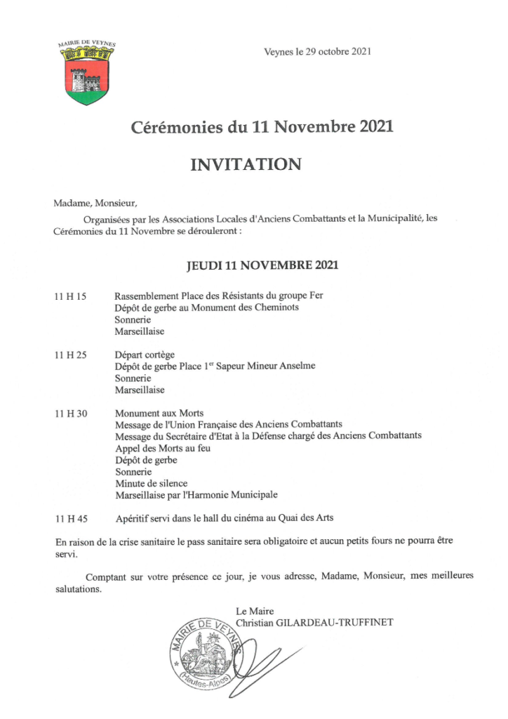 Programme et invitation à la cérémonie du 11 novembre 2021
